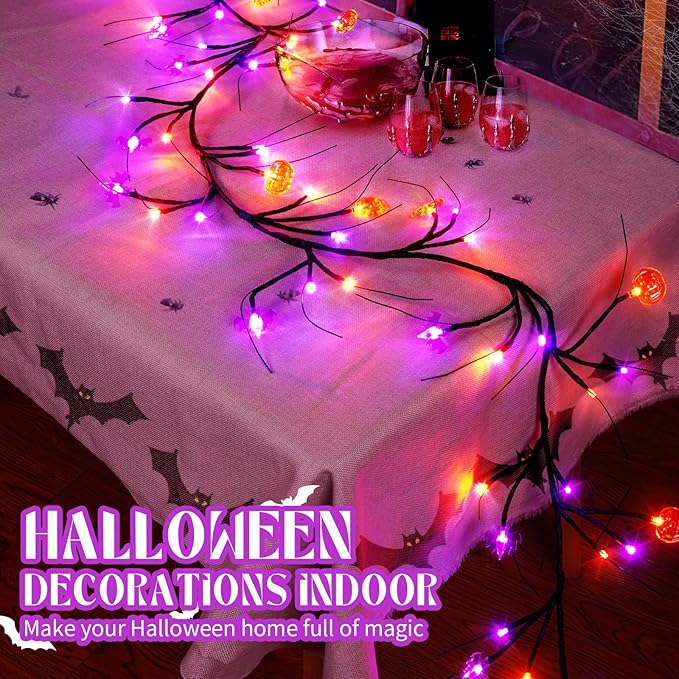RJZZ 6FT 54LED Halloween Garland with Lights Orange and Purple Halloween Lights with Timer 8 Modes Waterproof Indoor Battery Operated Garland for Mantle, Wall, Fireplace