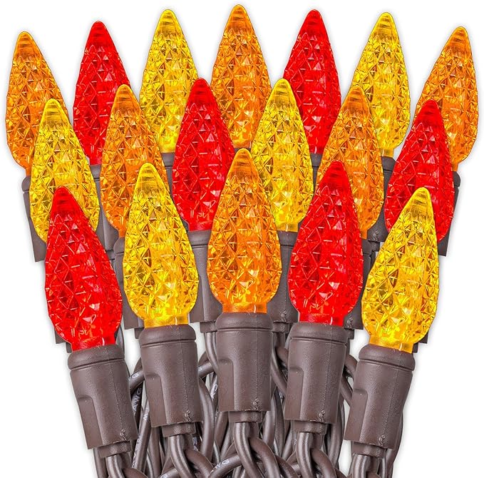 70 Light 24Ft Fall Thanksgiving Lights Commercial String Lights C6 LED Strawberry Faceted Bulb – Red/Orange/Yellow, Brown Wire, Indoor/Outdoor, Full Wave No Flicker, Connect 43 Sets