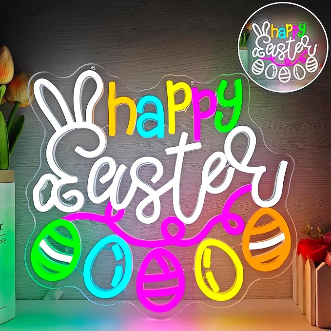 Happy Easter Neon Sign Dimmable Flashing Easter Eggs Led Sign Bunny Shape Spring Neon Light Multicolor Eggs Neon Window Lights for Party Home Decor