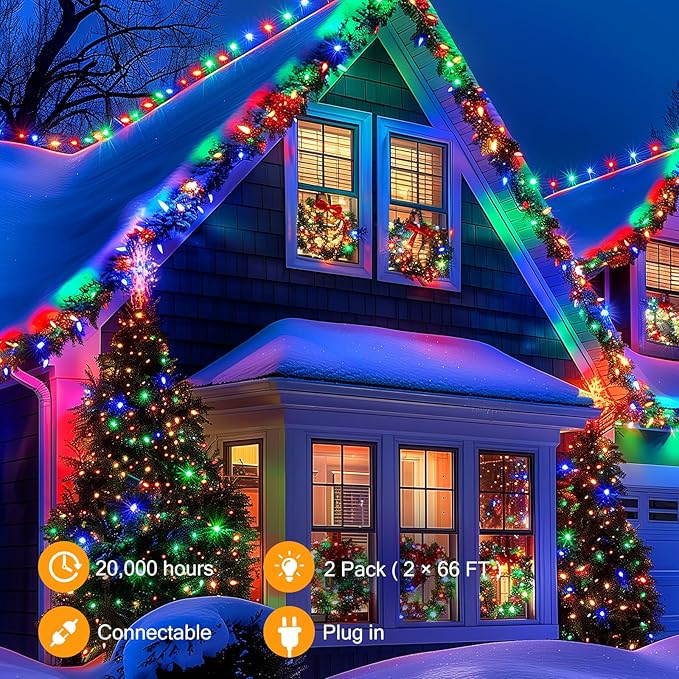 Brightown C9 LED Christmas String Lights, 2 Pack Total 132ft 200LED Multi-Color Outdoor Lights String, Plug-in Connectable Roofline Lights String for Outside Yard Christmas Holiday Decor