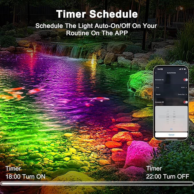 Pond Light with APP, 6W Frog Fountain Light led Underwater with 12V Transformer, IP68 Waterproof Underwater Pond Lights with Long Cable for Ponds Waterfall Fountain Water Feature, 2 SpotLights