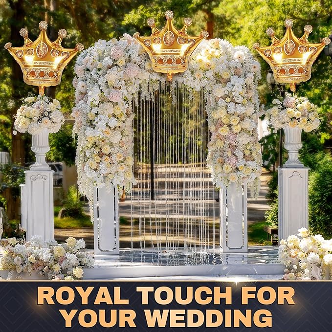 Gold Crown Balloons Set of 3 – 38.2"x35.4" Large Princess Balloons with Royal Crown Shape, Reusable Foil Design – Eye Catching Centerpiece for Princess Party Decor, Birthday Setup and Photo Backdrop