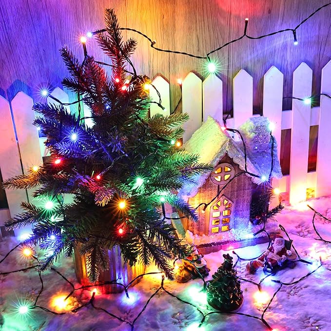 Battery Operated Christmas Lights - 4 Pack Total 66ft 200 LED Battery String Lights 8 Modes Waterproof with Timer for Home, Garden, Party, Holiday, Christmas Tree Decoration (Green Wire, Multicolor)