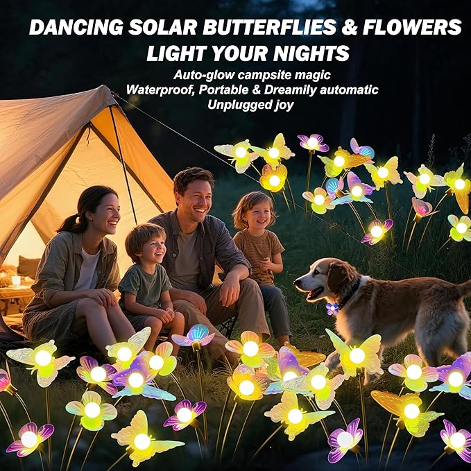 Solar Garden Butterfly Lights 2 Pack 12 LED Solar Swaying Flower Lights Waterproof Firefly Lighting Outdoor for Garden Patio Yard Pathway Flower Bed Decoration