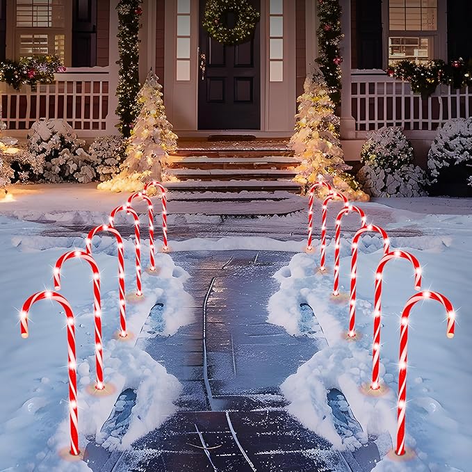 Joiedomi 12 Pcs Christmas Candy Cane Pathway Markers Lights, 12” Stakes Lights, Outdoor Decorations for Holiday Xmas Indoor Yard Patio Garden Walkway