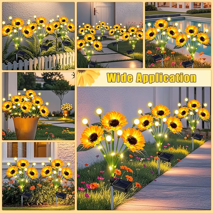 4 Pack Solar Sunflower Lights Outdoor Garden Decor, Upgraded with Firefly Lights, Waterproof Solar Flower Stake for Outside Yard Lawn Backyard, Gardening Gifts for Women Mom Grandma