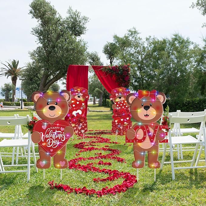 Bencailor 4 Pcs Valentine's Day Outdoor Decorations Valentine's Day Bear Yard Signs Stakes with LED Light Love Bear Heart Rose Lawn Decor for Holiday Lawn Patio Party Wedding Anniversary Decor