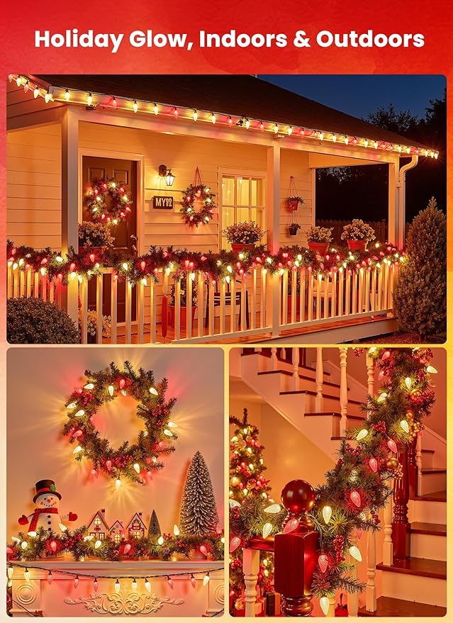 C9 LED Christmas Lights Outdoor, 81 Feet 100 LED String Lights with Timer & 8 Light Mode, Waterproof Commercial Grade Christmas Tree Lights for Outside Indoor Roofline Patio, Red & Warm White 2 Pack