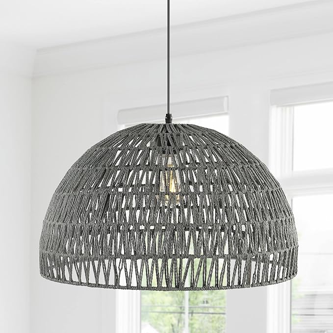 JONATHAN Y 20" Gray Modern Bohemian Woven Rope LED Pendant Light Fixture, Adjustable Dome Ceiling Lamp for Kitchen Island, Rope Shade, Coastal Farmhouse Decor (JYL6504D)
