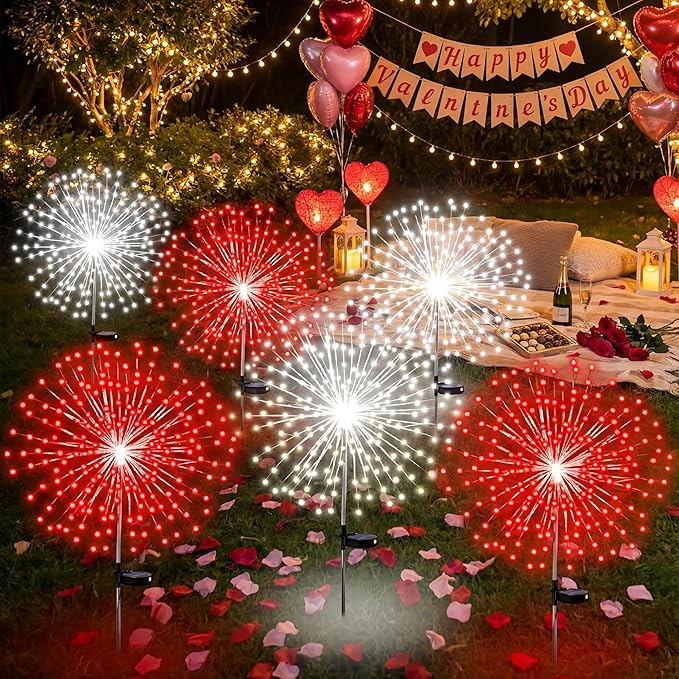6 Pcs Solar Firework Stake Lights 180 LED 8 Modes Solar Waterproof LED Sparkler Lights Outdoor Decoration for Wedding Mother's Day Garden Patio Yard Pathway Walkway Lawn (Red, White)