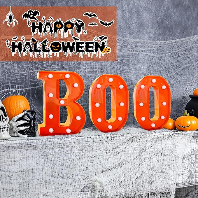 Halloween Decorations Indoor - Boo 3 Pack LED Light Up Hanging Letters Orange Boo Signs Light for Indoor Halloween Decor Home Table Party Wall Mantel Fireplace Bedroom, Warm White Lights