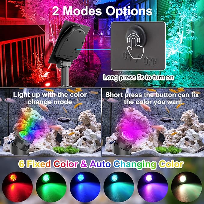 Solar Underwater Pond Lights, Super Bright RGB LED Submersible Pond Light Color Changing Spotlights IP68 Waterproof Fountain Lights for Fish Aquarium Tank Garden Yard Pool (3-in-1)