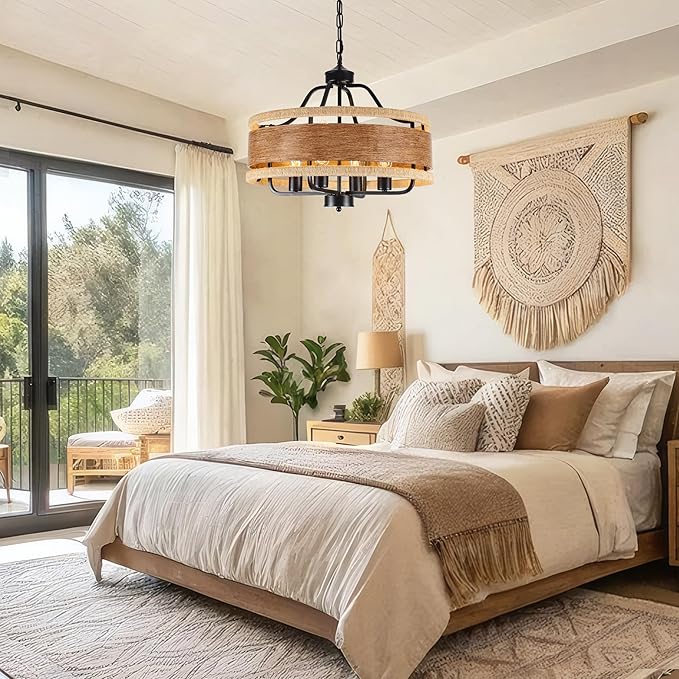 4-Light Farmhouse Boho Chandelier, 20" Wood Texture Woven Rattan Pendant Light, Adjustable Rustic Ceiling Fixture for Dining Room, Kitchen Island, Bedroom, Hallway, Office