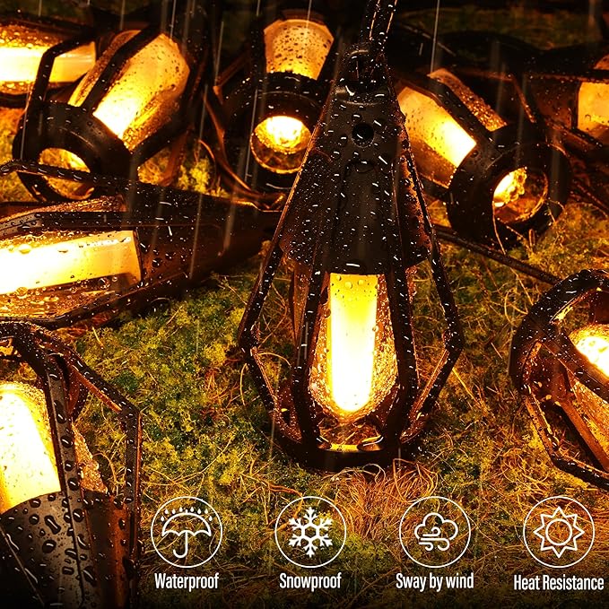 iBaycon Solar Flame Lights, 42Ft 15 LED Bulbs Flickering Flame String Light, Outdoor Waterproof Solar Flame Lights for Garden Yard Lawn Patio Decorations (Warm White)