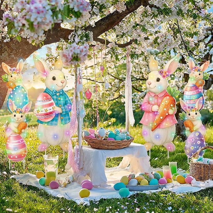 Bencailor 4 Pcs Easter Outdoor Decorations Bunny Yard Stake Signs with LED Light Large Rabbit Party Supplies Lawn Decorations for Spring Easter Outdoor Lawn Garden Patio Walkway Wedding Stand Decor