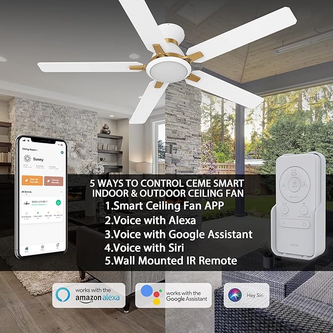 Smart Low Profile Ceiling Fan with Lights, DC 10 Speeds Smart Ceiling Fan with Remote, 3 Light Colors Dimmable Flush Mount, Compatible with Alexa, Siri & Google Home, 52 inches, White & Gold