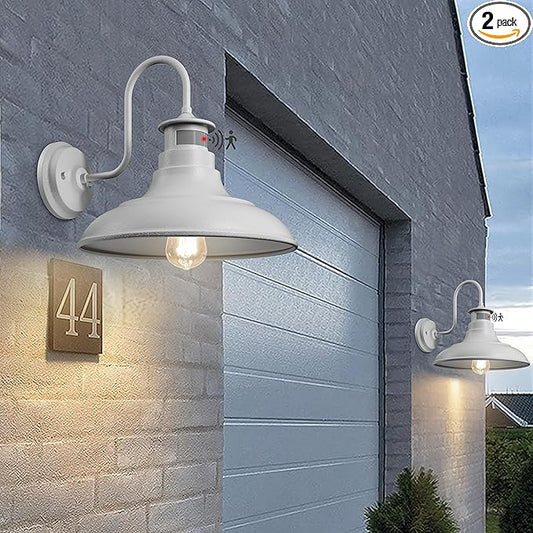 2 Pack Farmhouse Gooseneck Wall Sconce Barn Lights,Motion Sensor and Dusk to Dawn Outdoor Wall Mount Lighting Fixtures,3 Modes Exterior Porch Light IP65 Waterproof E26 Matte White Wall Lamp for Patio