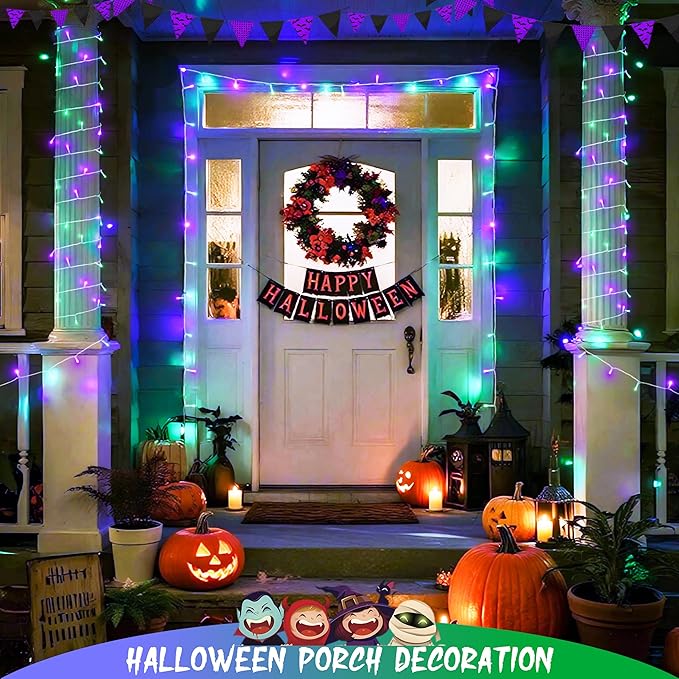 JMEXSUSS 2 Pack Purple and Green Halloween Lights, Total 200 LED 8 Modes Halloween String Lights Plug in, Each 33ft Connectable Christmas Lights Indoor Outdoor for Tree Porch Fireplace Decor