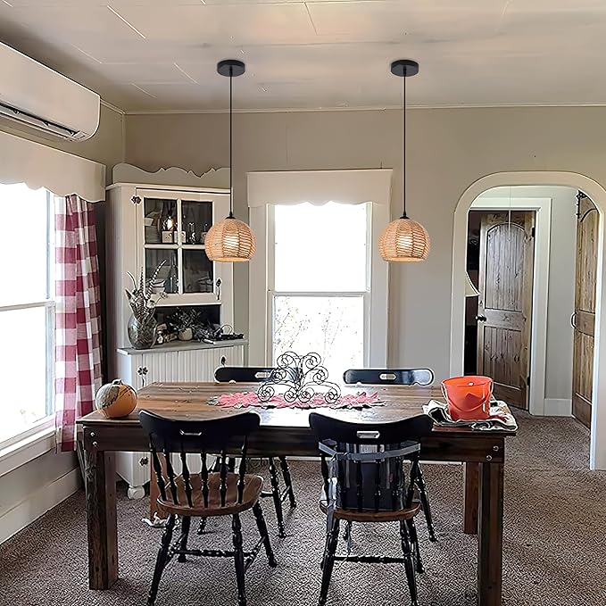 Woven Pendant Light Boho Chandelier Dome Rustic Farmhouse Chandelier Hemp Rope Light Rattan Light Fixture for Dining Room Living Room Bedroom Kitchen Foyer(Bulb Included)