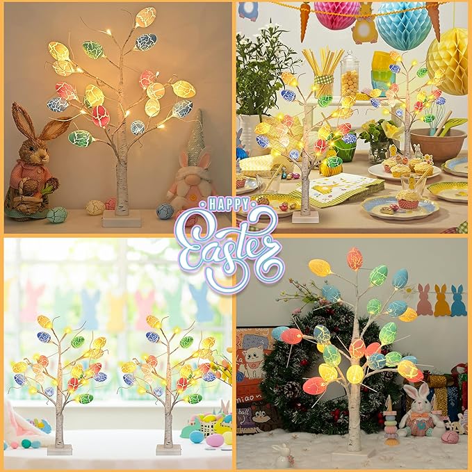 Easter Decorations 2 Pcs 24 Inch Pre-Lit White Birch Tree with 36 Eggs, 24 LED Battery Operated Tree Lights for Party, Home, Dining Table, Easter, Spring Decor