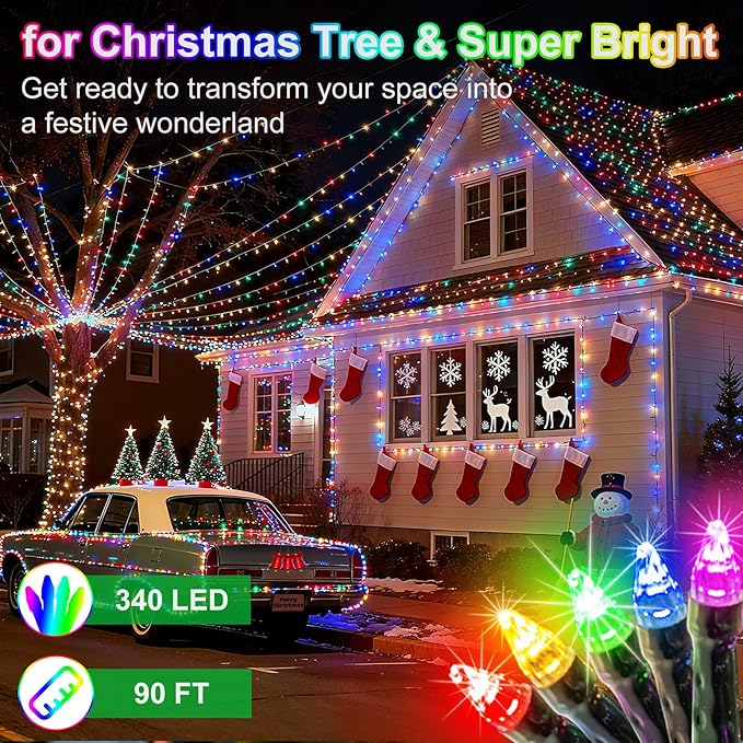 340 LED 90FT Christmas String Lights Outdoor, 12 Pro Modes and Timer Memory & Brightness, Plug in Waterproof Dark Green Wire Twinkle Light for for Xmas Yard Tree Wedding Party Decor (Multicolor)