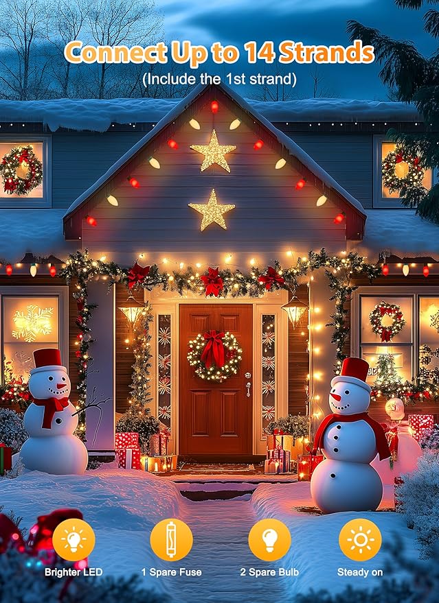 Vintage C9 LED Christmas Lights Outdoor, 100 Feet String Lights with 50 Shatterproof Bulbs, Waterproof Connectable Christmas Tree Lights for Outside Roofline Patio Xmas Decor, Red & Warm White