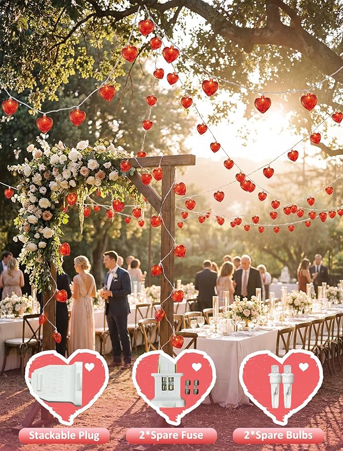 8.5Ft Red Heart String Lights,10 LED 3D Glitter Hearts Plug in Fairy Heart Shape Lights,Connectable Valentine's Day Decorations for Bedroom,Window,Wedding,Anniversary,Indoor Outdoor