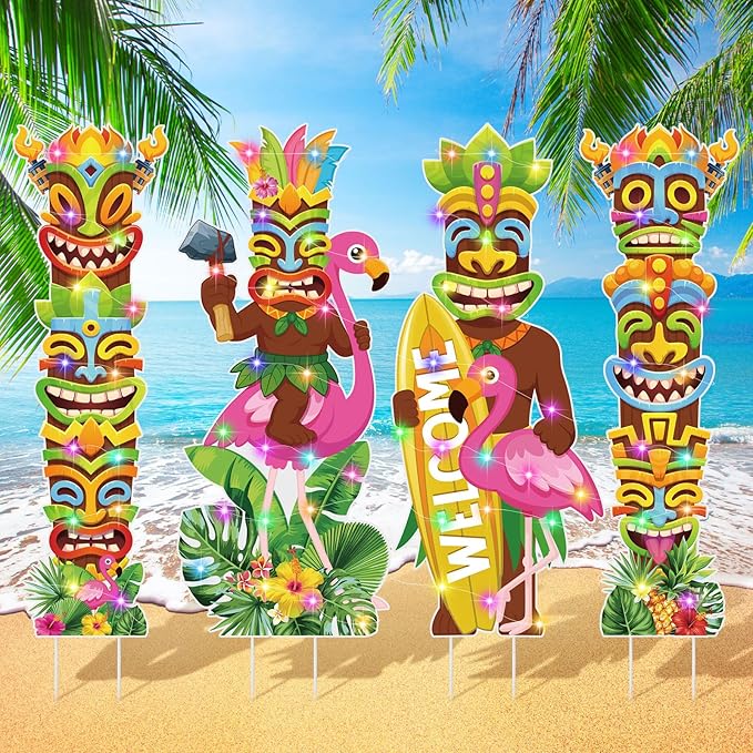 Bencailor 4 Pcs Hawaiian Outdoor Decorations Hawaiian Flamingo Yard Stake Signs with LED Light Large Tropical Beach Party Supplies Decor for Summer Outdoor Lawn Garden Stand Party Supplies