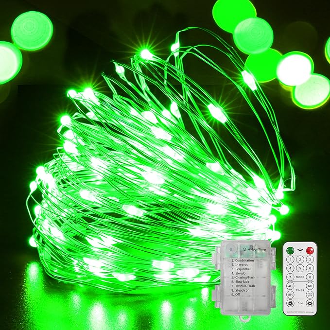 LAMPHOME 100 LED Fairy Lights Battery Operated, Mini Battery Powered Copper Wire Starry String Lights,Light Length 32.5Ft, Multi Functions & timerWith Remote,St Patrick's Day Decorations,Green