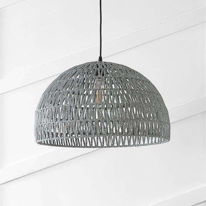 JONATHAN Y 20" Gray Modern Bohemian Woven Rope LED Pendant Light Fixture, Adjustable Dome Ceiling Lamp for Kitchen Island, Rope Shade, Coastal Farmhouse Decor (JYL6504D)