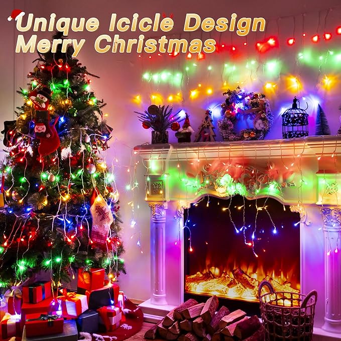Icicle Lights for Outside, 216LED 24FT Waterproof Christmas Light Outdoor with 8 Modes & Timer, Connectable Christmas Icicle Lights for Eaves House Yard Indoor Outdoor Holiday Decoration(Multicolor)