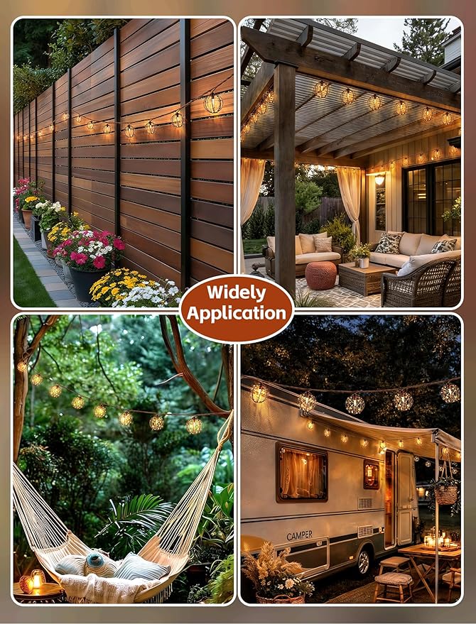 8.5Ft Outdoor Decorative Patio Lights, 10L Beaded Copper Wire Ball Style Lantern Lights, Connectable Weather-Resistant Indoor Outdoor Boho String Lights for Home Pergola campings Porch Party Backyard