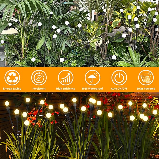 2 Pack IP65 Waterproof Solar Firefly Lights, 16 LED Warm White Swaying Lamps with Realistic Effect, Wind-Activated 8 Hrs Runtime No Wiring for Landscape Yard Patio Halloween Christmas Decor