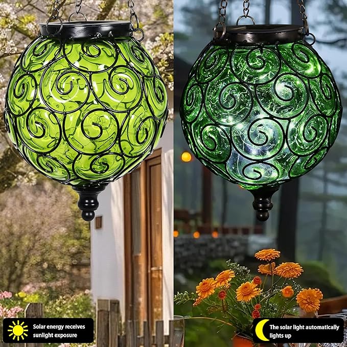Solar Hanging Lantern Outdoor Garden Lights, Round Glass and Metal Hanging Lantern, 15 Firefly LED Lights, 7 x 20 Inch (Green)