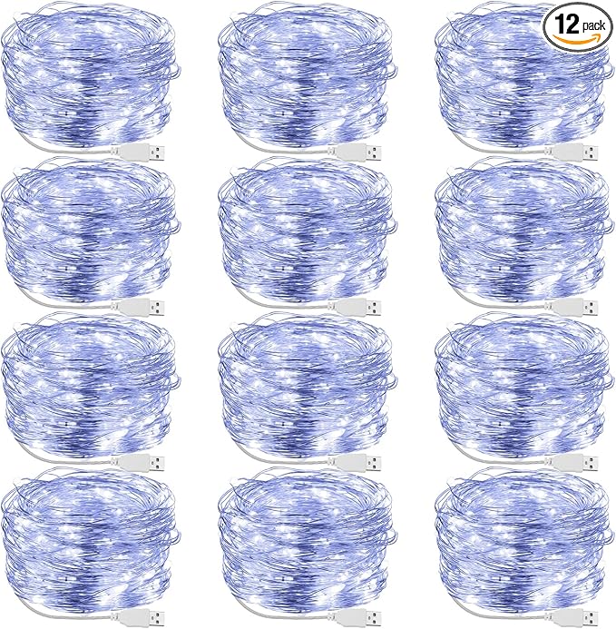 Macarrie 12 Pcs USB String Lights 33 ft 100 LED Fairy Lights Powered String for Christmas Indoor Outdoor Wedding Party Tree Home Festival Garden Decoration (Cool White)