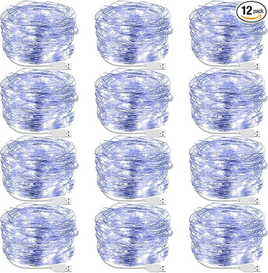 Macarrie 12 Pcs USB String Lights 33 ft 100 LED Fairy Lights Powered String for Christmas Indoor Outdoor Wedding Party Tree Home Festival Garden Decoration (Cool White)