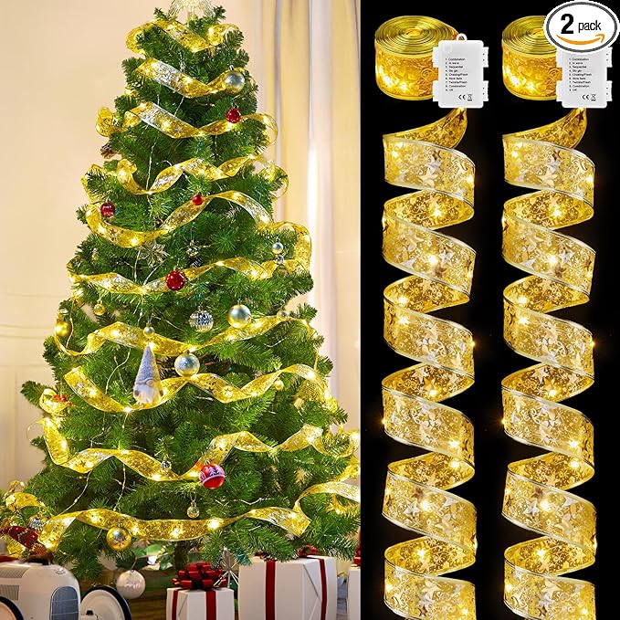 Minetom Christmas Tree Ribbon String Lights - 33ft 100 LED Battery Powered Fairy Lights with Timer
