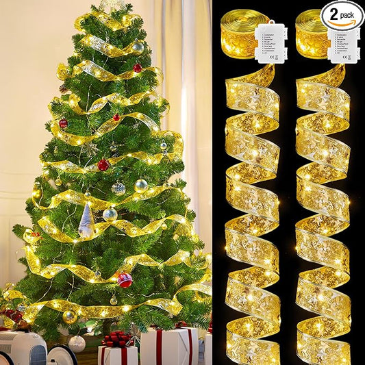 Minetom Christmas Tree Ribbon String Lights - 33ft 100 LED Battery Powered Fairy Lights with Timer
