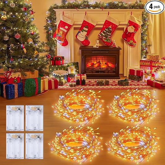 Fairy Lights Battery Operated, 4 Pack 10Ft 120LED Battery Operated Christmas Lights, Waterproof Silver Wire Starry Firefly Light for DIY Crafts Wreath Mason Jars Party Bedroom Christmas Decorations