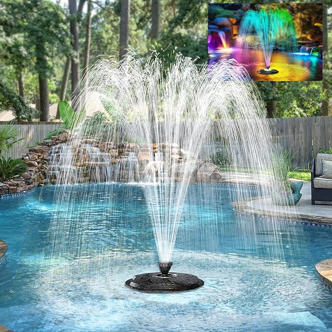 POPOSOAP Floating Fountain With LED Lights, Pond Fountain and Aerator Complete Kit with 660GPH Water Pump 27FT Power Cord, 3 Spray Styles for Ponds, Pool, Water Gardens P130