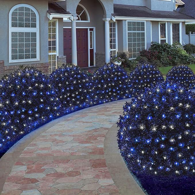 weillsnow 198 Led 9.8ft x 6.6ft 198 LED Net Lights, Connectable 8 Lighting Twinkle Modes Mesh Lights for Christmas Outdoor Patio Garden Bush Fence Decorations (Blue & White)