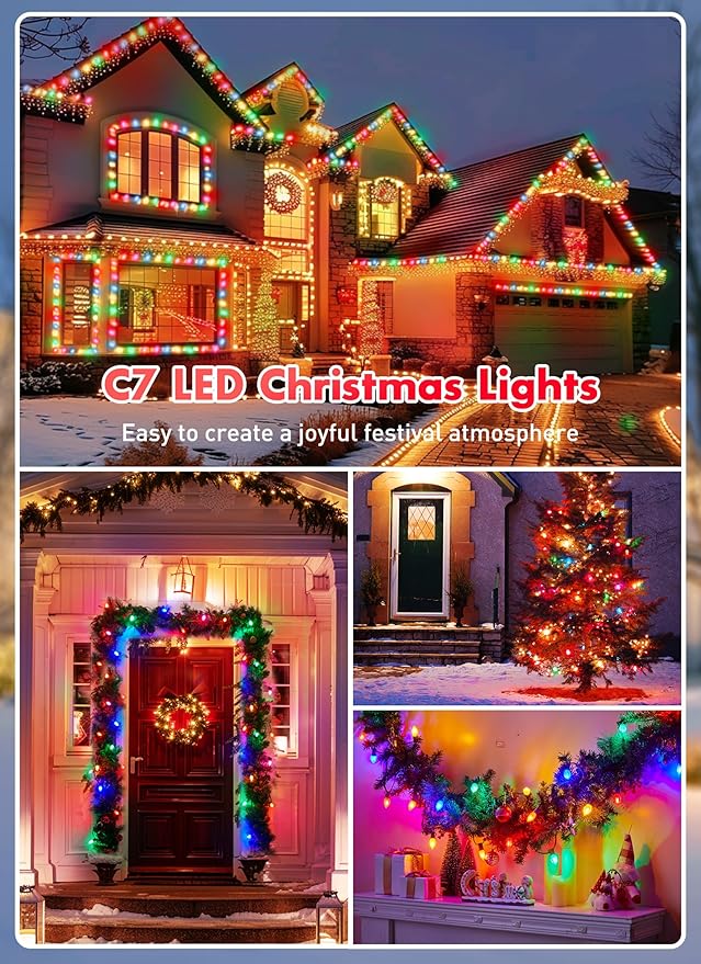 25 Pack C7 Led Replacement Christmas Light Bulb, C7 Shatterproof Led Bulbs for Christmas String Lights, E12 Candelabra Base, Commercial Grade Dimmable Holiday Bulbs, Multicolor