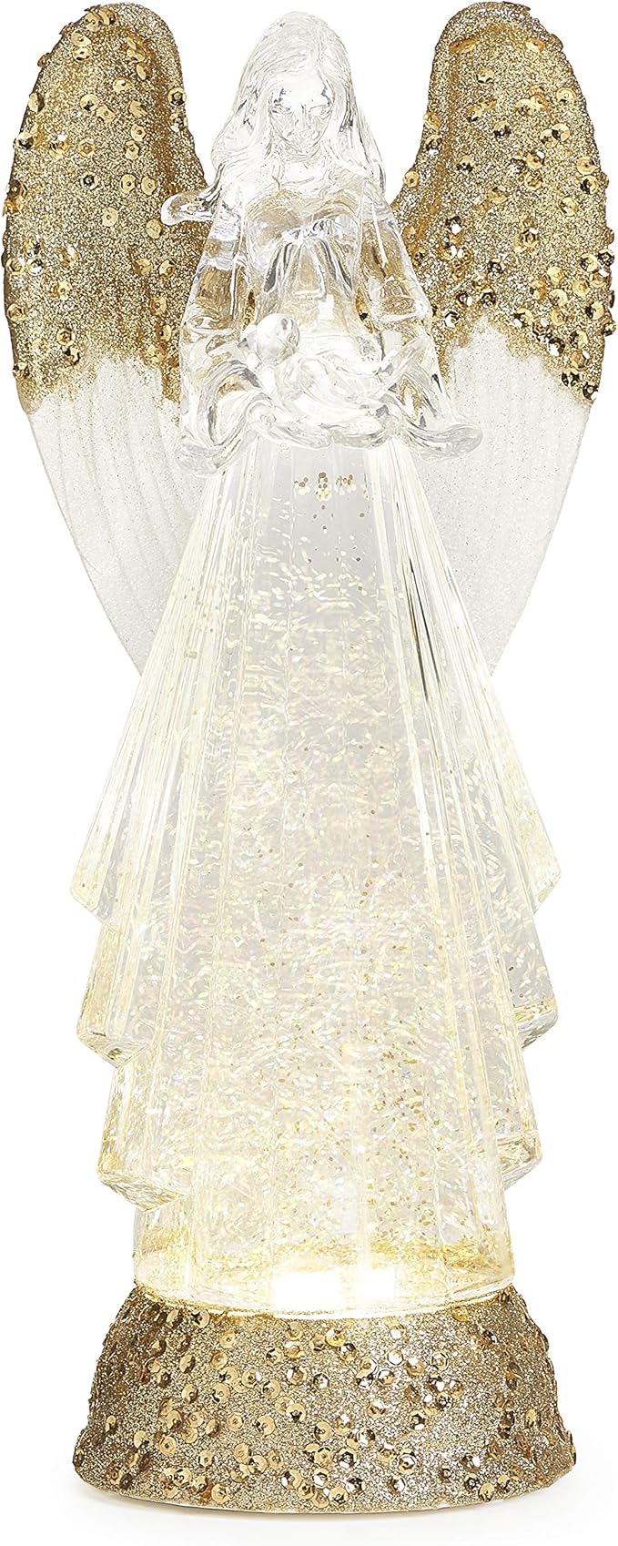 Roman 12.75-Inch Lighted Swirl Angel with Gold Wings Confetti Lites – USB-Powered Tabletop Christmas Decoration – Sparkling Holiday Accent with LED Lights