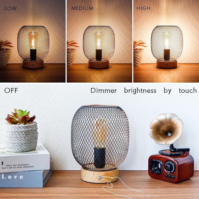 JHY DESIGN Dimmable Touch Bedside Table Lamp Metal Cage Rechargeable Battery Powered Lamp with LED Bulb for Weddings Parties Patio Events for Indoors Outdoors(Round, Wooden Base)