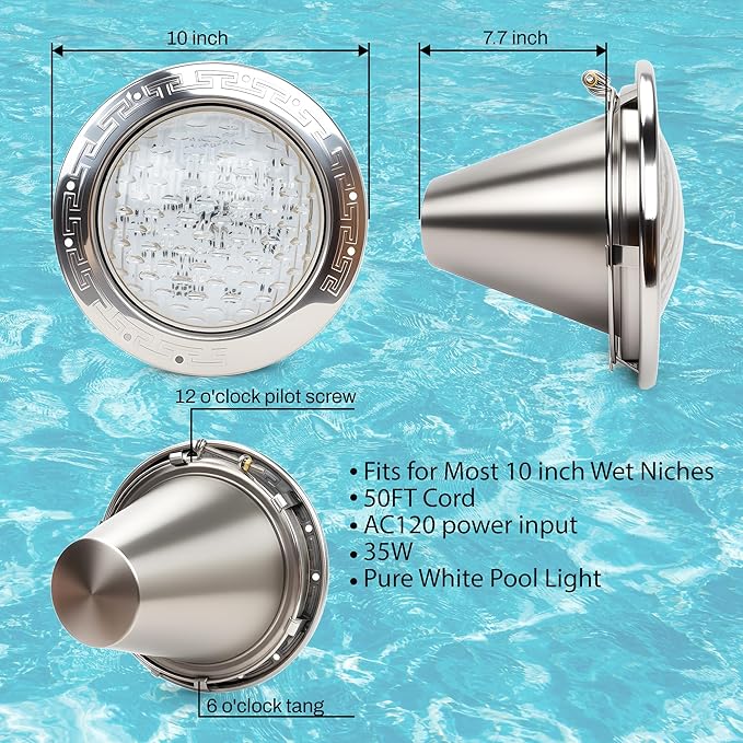 LED Pool Lights for Inground Pools, 120V Pool Lights White, 10 Inch Inground Pool Light 120v Suitable for 10 Inch Wet Niche, Underwater Pool Light, 35W, 50 Foot Cord