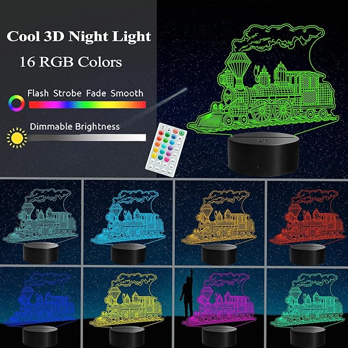 Train Night Light, Stream Train Gifts, 3D Illusion Lamp with Remote Control, 16 RGB Colors, 4 Flashing Modes, Timer, Kids Room Decor