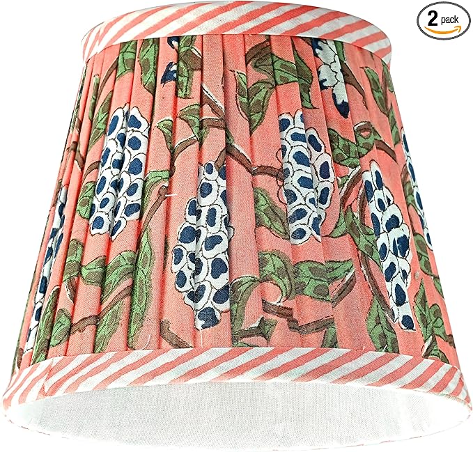 Ridhi Block Print Dark Salmon Lamp Shade 4" Top x 5" Bottom x 6" Slant Set of 2 Handmade Pleated Cotton Lampshade, Fits E26/E27 Base Table Lamps Boho Vintage Decorative For Bedroom, Living Room