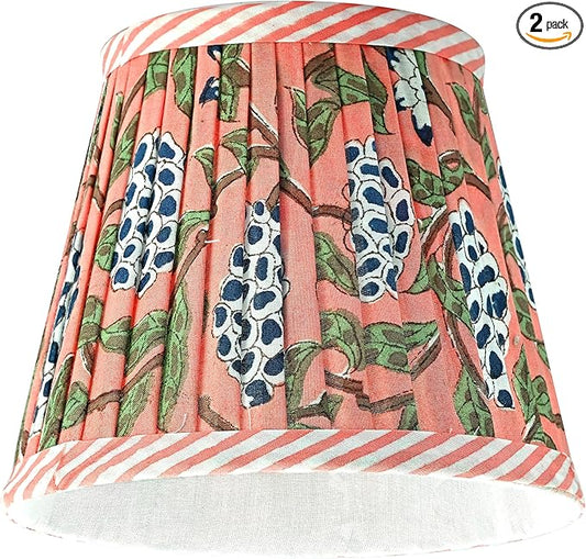 Ridhi Block Print Dark Salmon Lamp Shade 4" Top x 5" Bottom x 6" Slant Set of 2 Handmade Pleated Cotton Lampshade, Fits E26/E27 Base Table Lamps Boho Vintage Decorative For Bedroom, Living Room