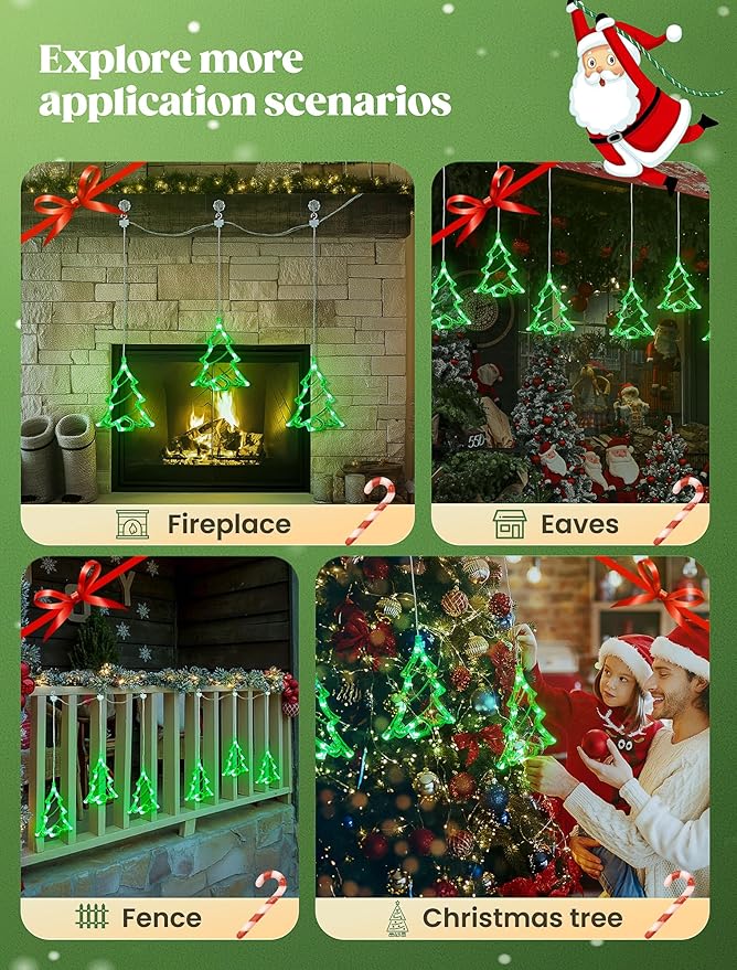 woohaha 30LED Christmas Window Lights,3 Christmas Tree Curtain String Lights USB/Battery Operated,Hanging Xmas Light for Indoor Outdoor Bedroom,Room,Wall,Party,Holiday Decorations(Green)