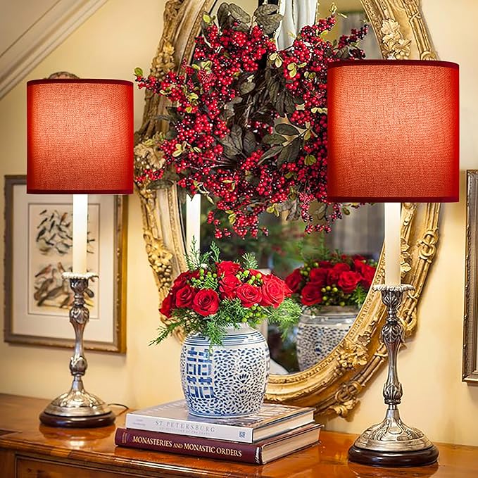 GOSO Small Drum Lampshades Burgundy Retro Red 2 pcs, 10" ×10" Spider Modern Lamp Shades for Wall Lamps,Bedside Lamps and Table Lamps for Bedroom Decoration Replacement,DIY Shade Simple Assembly